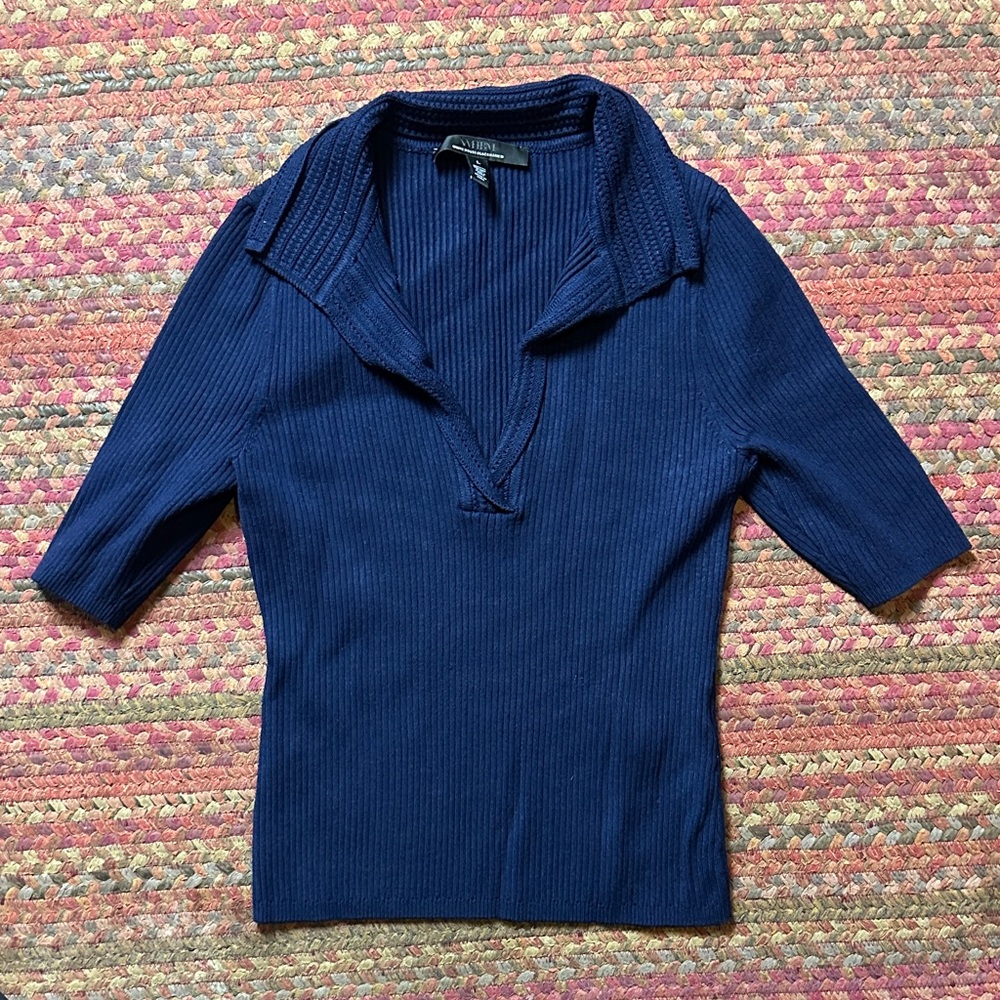 WHBM NAVY KNIT COLLARED HALF SLEEVE BUSINESS PREPPY BLOUSE - Picture 1 of 4